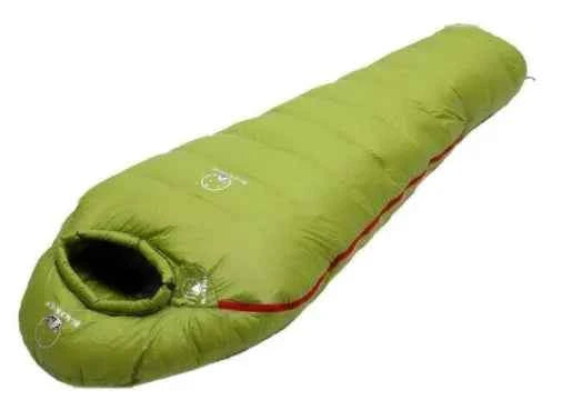 Green Mead's Supply & Equipment goose down sleeping bag, lightweight insulated camping gear, single-person warm sleeping bag.