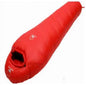 Green goose down sleeping bag by Mead's Supply & Equipment Outfitters, lightweight insulated camping gear, single sleeping bag.