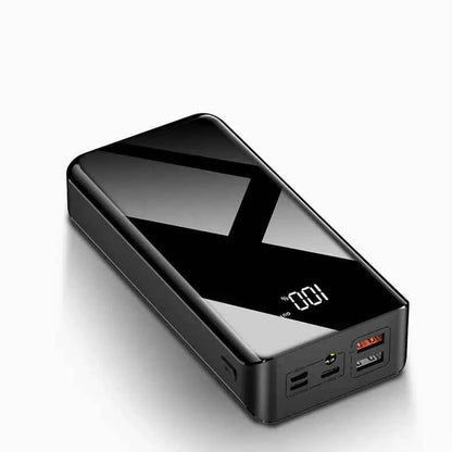 Red 30000mAh power bank with Type-C fast charging by Mead's Supply & Equipment Outfitters, featuring multiple USB ports and compact design.