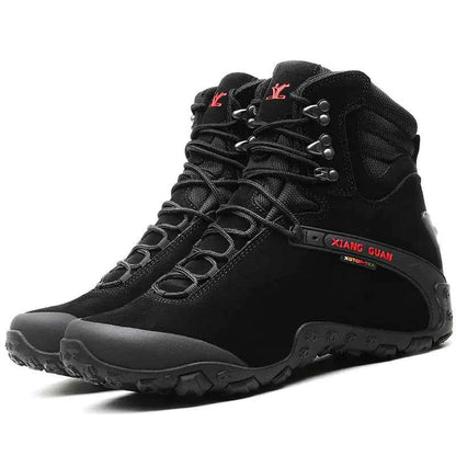 Women's waterproof hiking boots by Mead's Supply & Equipment Outfitters, lightweight outdoor climbing shoes in black.