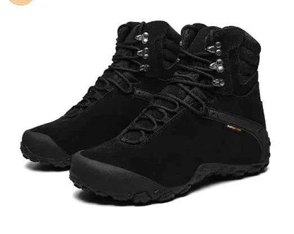 Women's waterproof hiking boots by Mead's Supply & Equipment Outfitters, lightweight climbing shoes in black with sturdy soles.
