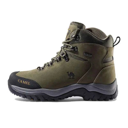 Waterproof high-top hiking boots in purple and coffee colors by Camel Brand, designed for durable outdoor footwear.