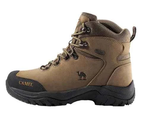 Waterproof high-top hiking boots in purple and coffee colors by Camel Brand, designed for outdoor hiking and rugged terrain.