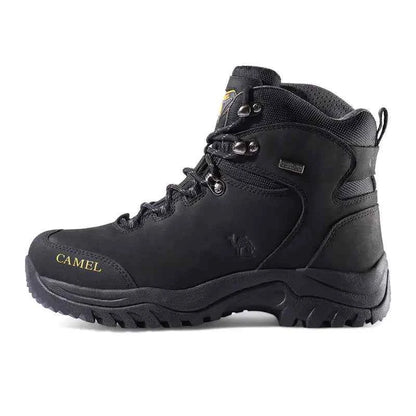 Waterproof high-top hiking boots in purple and coffee tones from Camel brand, designed for outdoor hiking and rugged terrain.
