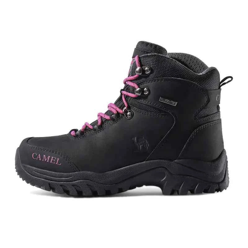 Waterproof high-top hiking boots in purple and coffee colors by Camel Brand, designed for outdoor hiking and rugged terrain.