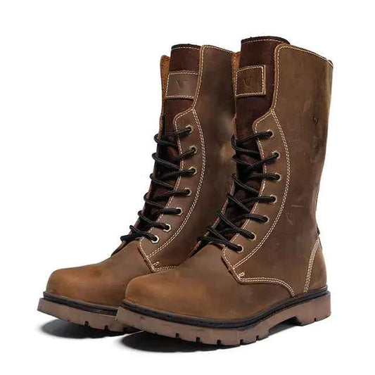 Men's waterproof leather Martin boots by Mead's Supply & Equipment Outfitters, khaki hiking and combat footwear with rugged design.