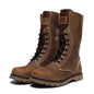 Men's waterproof leather Martin boots by Mead's Supply & Equipment Outfitters, khaki hiking and combat footwear with rugged design.