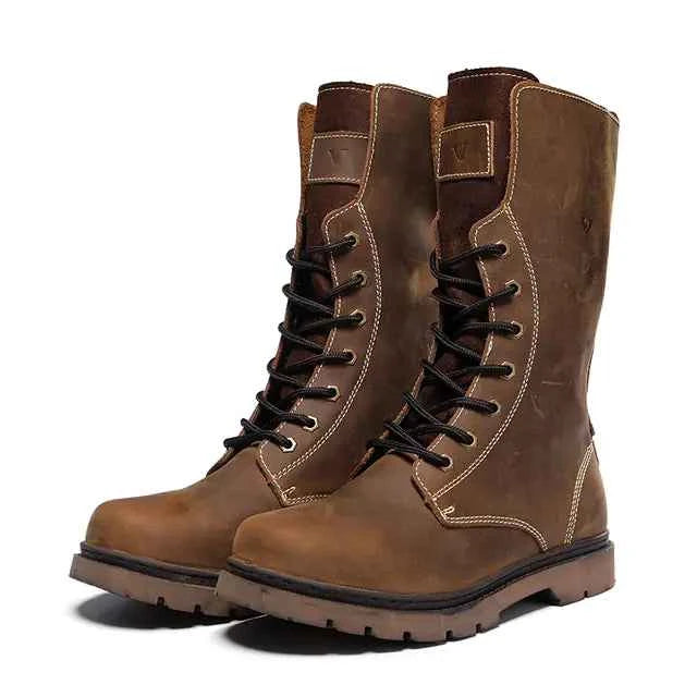 Men's waterproof leather Martin boots in khaki, designed for hiking and combat, with sturdy construction and rugged style.