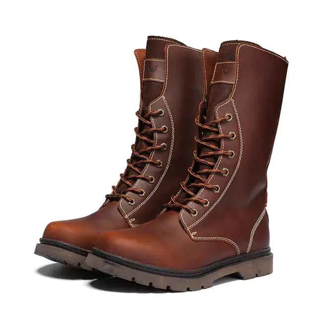 Men's waterproof leather Martin boots in khaki, designed for hiking and combat, featuring rugged footwear from Mead's Supply & Equipment Outfitters.