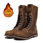 Men's waterproof leather Martin boots in khaki from Mead's Supply & Equipment Outfitters, suitable for hiking and combat footwear.