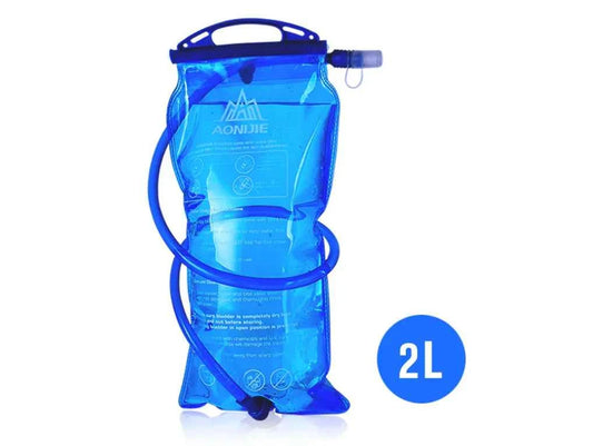 Blue 2L hydration bladder water bag for sports, made by Mead's Supply & Equipment Outfitters, featuring a flexible hydration reservoir.