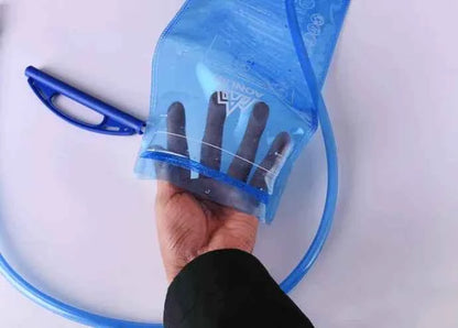 Blue Mead's Supply hydration bladder 2L water bag for sports, with a flexible tube and mouthpiece for hydration during activities.