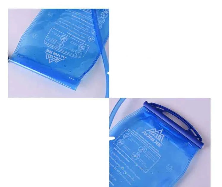 Blue Mead's Supply hydration bladder, 2L water bag for sports, with a flexible tube and secure lid for hydration during activities.