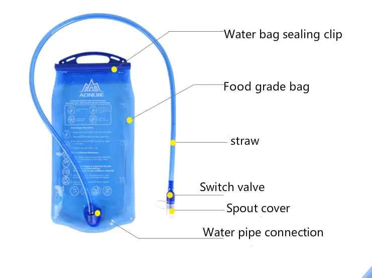 Blue 2L hydration bladder water bag for sports, made by Mead's Supply & Equipment Outfitters, with a flexible tube and mouthpiece