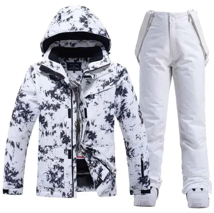 Pink men's and women's waterproof windproof ski suit by Mead's Supply & Equipment Outfitters, includes jacket and snow pants, unisex winter set.