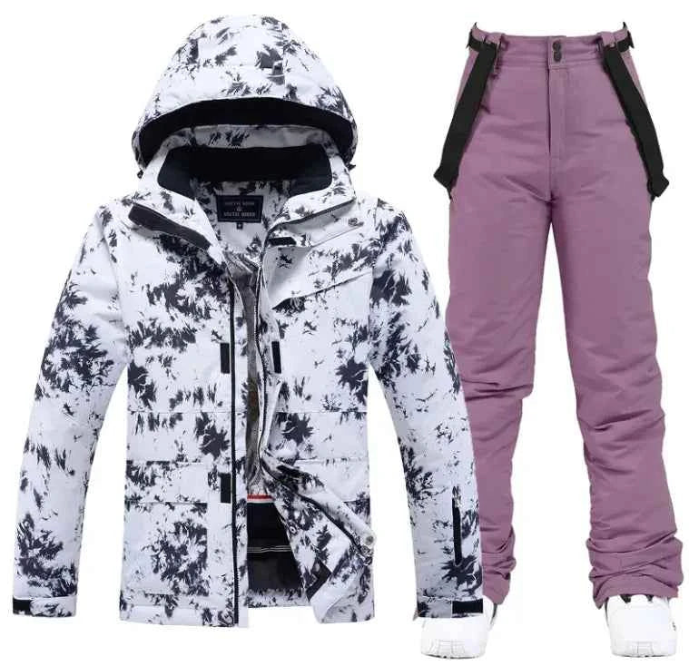 Pink men's and women's ski suit by Mead's Supply & Equipment, waterproof windproof winter snow jacket and pants, unisex 2-piece set.