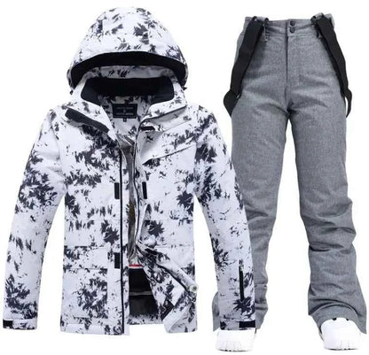 Pink men's and women's waterproof ski suit by Mead's Supply & Equipment, windproof winter snow jacket and pants, unisex 2-piece set.