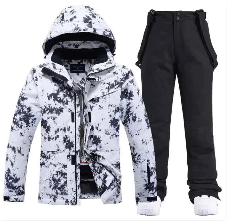 Pink men's and women's waterproof windproof ski suit by Mead's Supply & Equipment, featuring a 2-piece winter snow set with jacket and pants.