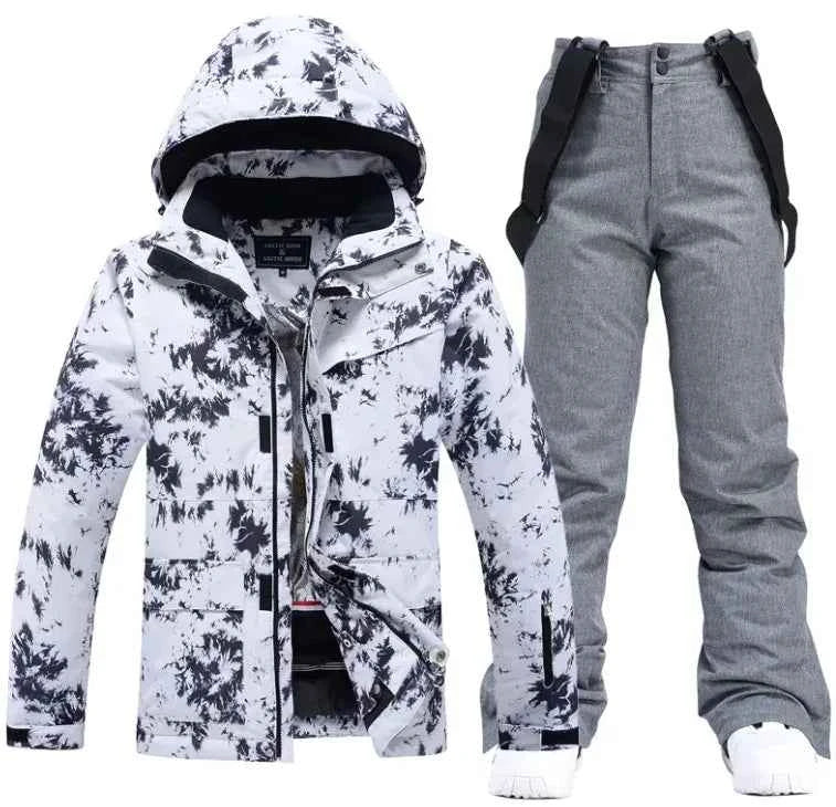Pink men's and women's waterproof windproof ski suit from Mead's Supply & Equipment Outfitters, includes jacket and snow pants.