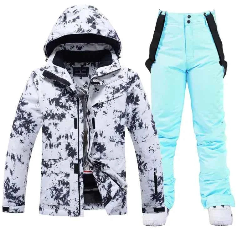 Pink men's and women's waterproof windproof ski suit by Mead's Supply & Equipment Outfitters, includes jacket and pants for winter snow sports.