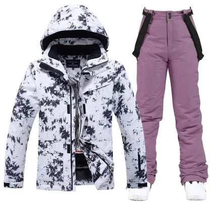 Pink men's and women's waterproof ski suit with jacket and pants, windproof winter snow outfit by Mead's Supply & Equipment.