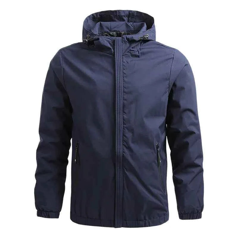 Men's outdoor waterproof jacket by Mead's Supply & Equipment Outfitters, black windproof rain jacket for hiking and all-weather protection.