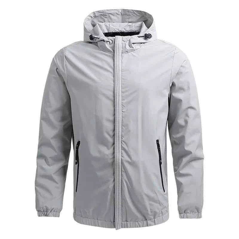 Men's outdoor waterproof jacket by Mead's Supply & Equipment Outfitters, black windproof rain jacket for hiking and all-weather protection.