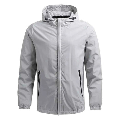 Men's outdoor waterproof jacket by Mead's Supply & Equipment Outfitters, black windproof rain jacket for hiking and all-weather protection.