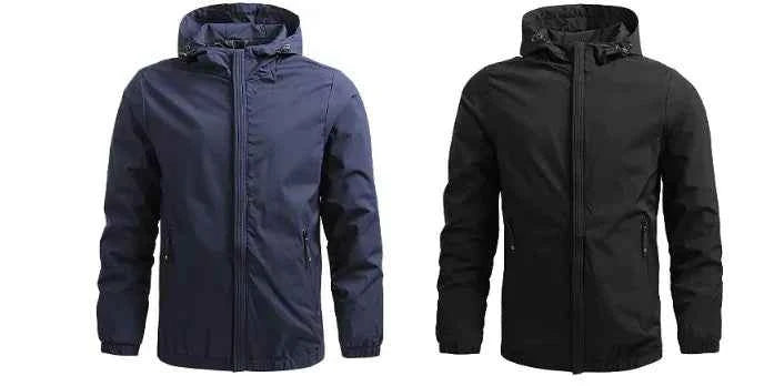 Men's outdoor waterproof jacket by Mead's Supply & Equipment Outfitters, black windproof rain jacket for hiking and all-weather protection.