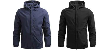 Men's outdoor waterproof jacket by Mead's Supply & Equipment Outfitters, black windproof rain jacket for hiking and all-weather protection.