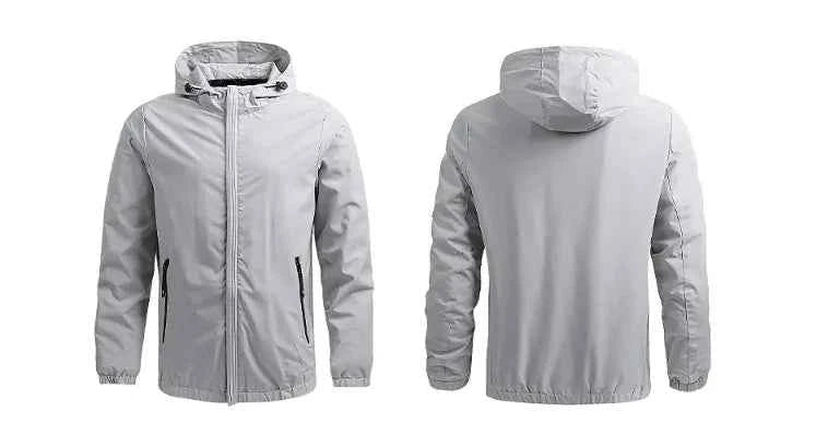 Men's outdoor waterproof jacket by Mead's Supply & Equipment Outfitters, black windproof rain jacket for hiking and all-weather protection.