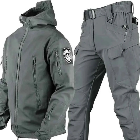Men's outdoor camouflage jacket and pants set by Mead's Supply, softshell fleece-lined tactical shark skin warm military style.