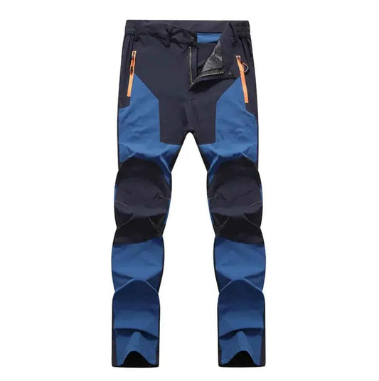 Men's dark blue stretch windproof waterproof hiking pants by Mead's Supply & Equipment Outfitters, wear-resistant outdoor trousers.