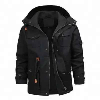 Men’s thickened cotton jacket with removable velvet lining and hood, winter coat by Mead's Supply & Equipment Outfitters in khaki.