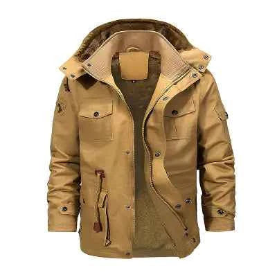 Men's thickened cotton jacket with removable velvet lining and hood, in khaki, by Mead's Supply & Equipment Outfitters limited.
