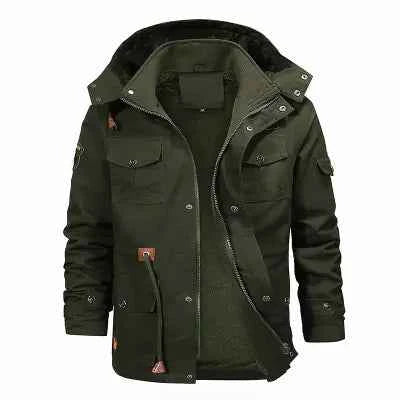 Men's thickened cotton jacket with removable velvet lining and hood, in khaki, from Mead's Supply & Equipment Outfitters limited.