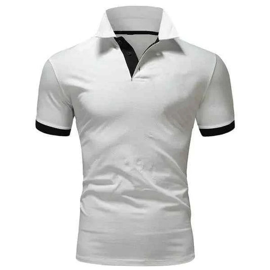 Men's white casual cotton polo shirt by Mead's Supply & Equipment Outfitters, slim fit short sleeve, ideal for meetings and events.