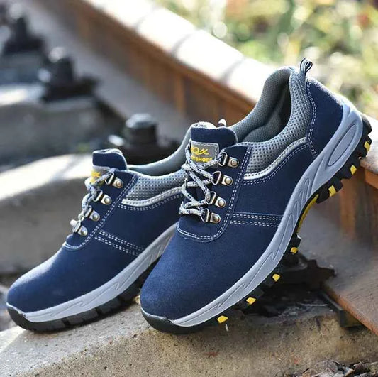 Men's blue lightweight breathable steel toe safety work shoes by Mead's Supply & Equipment Outfitters, protective footwear for work safety.