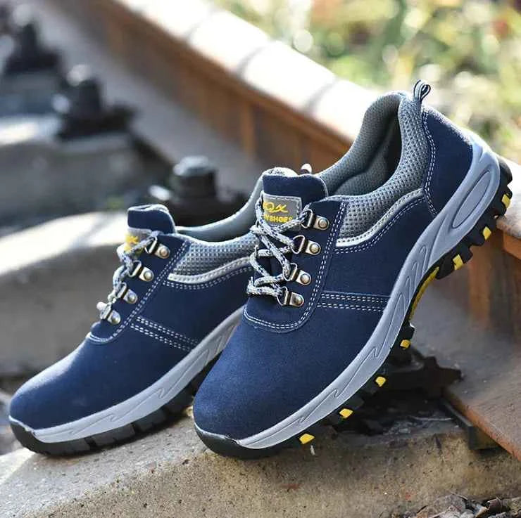 Men's lightweight breathable steel toe safety work shoes in blue, designed for protective and comfortable footwear.