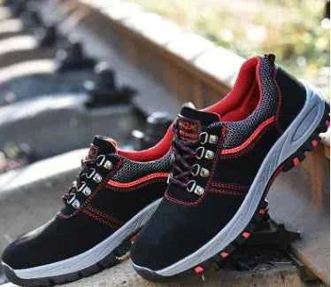 Men's lightweight breathable steel toe safety work shoes in blue, designed for protective footwear by Mead's Supply & Equipment Outfitters.