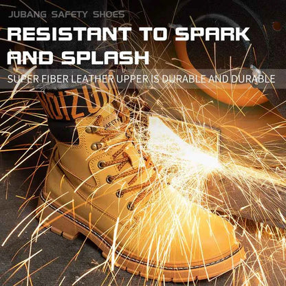Men's waterproof steel-toe winter plush safety boots in blue, rugged footwear designed for cold weather and safety.