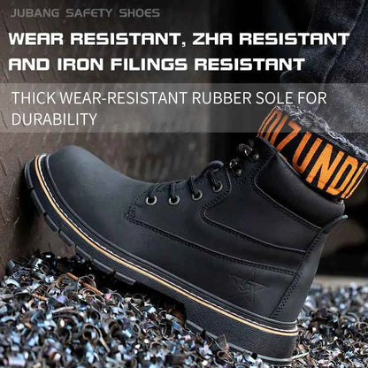Men's waterproof steel-toe winter plush safety boots in blue, designed for durability and warmth in harsh conditions.