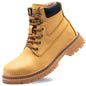 Men's waterproof steel-toe winter plush safety boots in blue, designed for rugged outdoor work and cold weather protection.