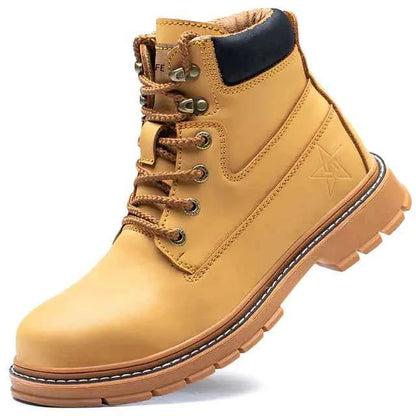 Men's waterproof steel-toe winter plush safety boots in blue, durable footwear designed for cold weather and safety.