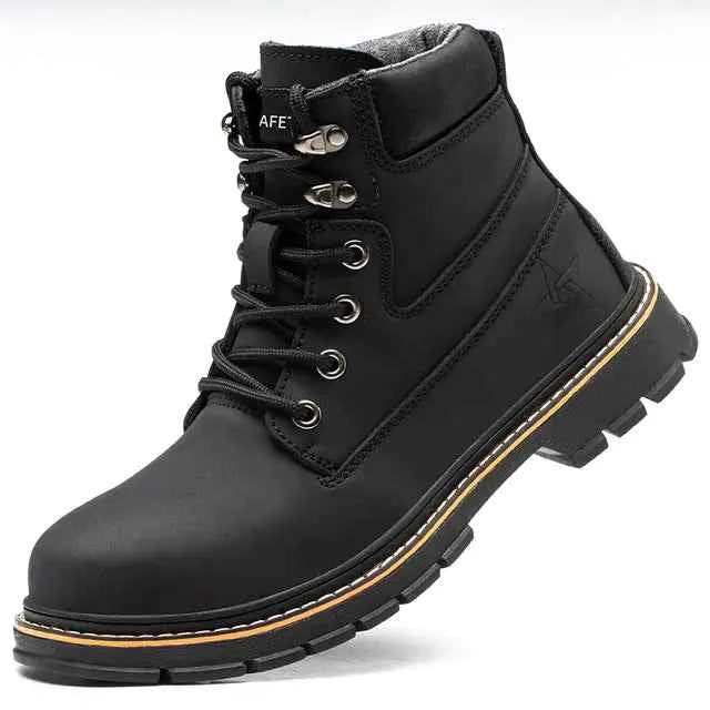 Men's waterproof steel-toe winter plush safety boots in blue, durable men's footwear designed for safety and warmth.