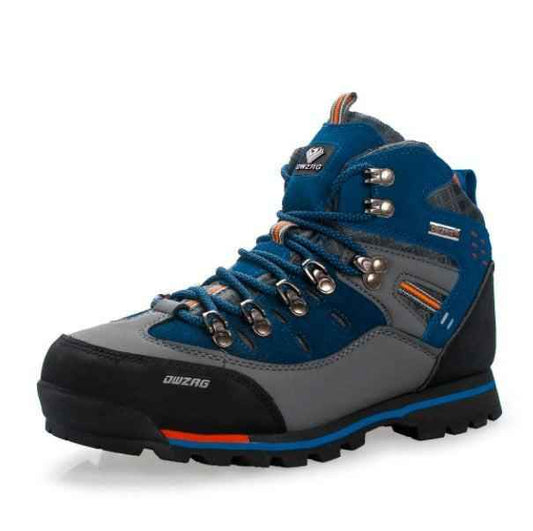 Men's waterproof hiking shoes in blue with lightweight design and durable rubber soles, ideal for outdoor trail activities.