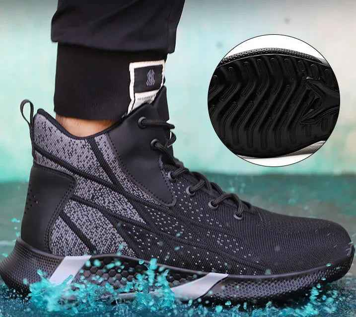 Men's steel toe safety work boots in red, waterproof winter footwear by Mead's Supply & Equipment Outfitters for protective industrial use.