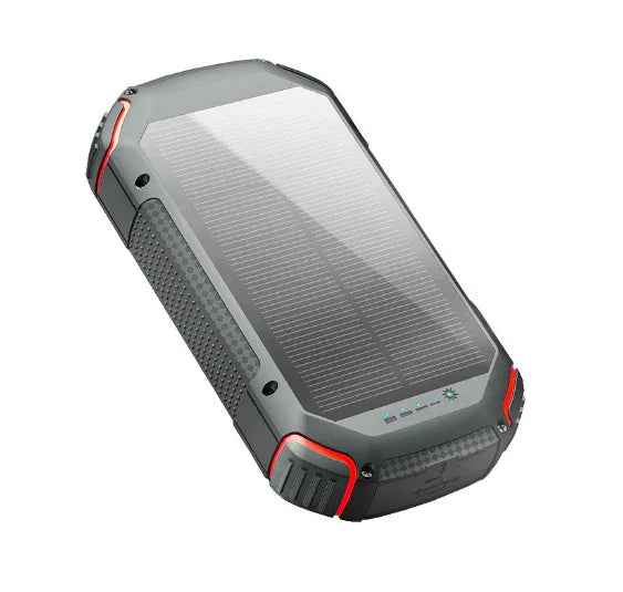 Waterproof 20000mAh solar power bank with red light from Mead's Supply & Equipment Outfitters, featuring durable orange casing.