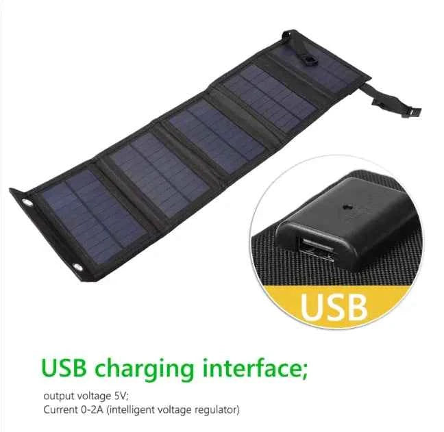 Black five-fold 20W foldable solar panel for outdoor travel by Mead's Supply & Equipment Outfitters, portable power charger for outdoor electronics