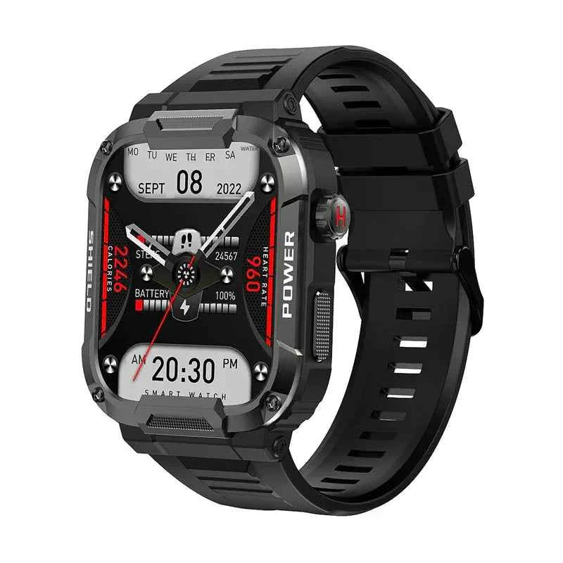 Mead's Supply MK66 waterproof smart watch with 1.85-inch HD display, rugged design, Bluetooth calling, outdoor electronics in black.